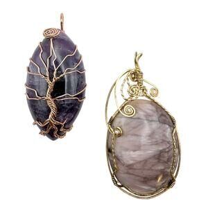 Lot of 2 Gemstone Wire Wrapped Pendants Purple Amethyst Spinel Gemstone Artisan